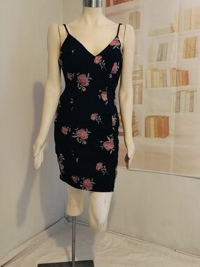 Emerald Sundae Black Mini Dress with Pink Rose Print